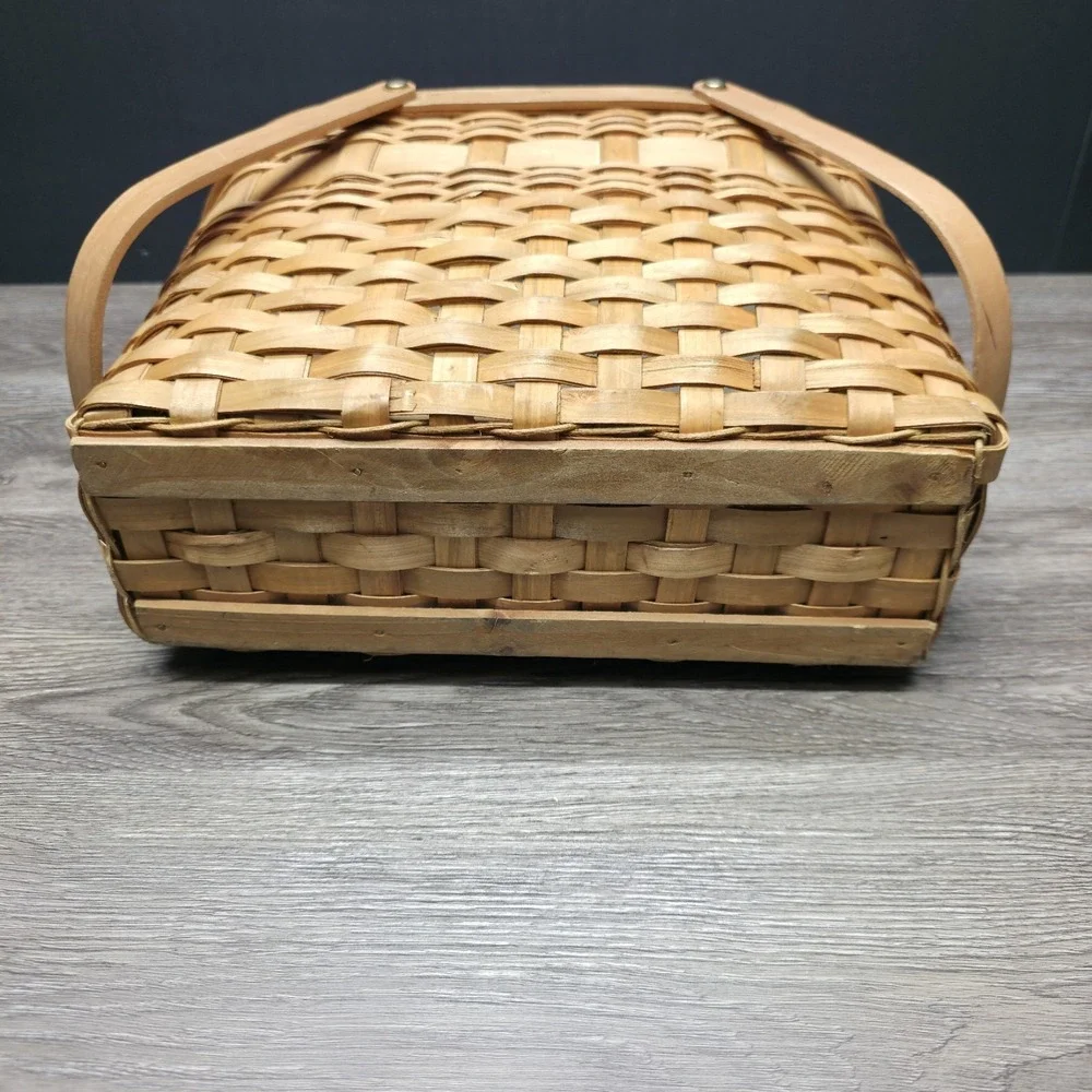 Vintage Double Handled Light Brown Wooden Basket 13x9x6 Rustic Home Decor
